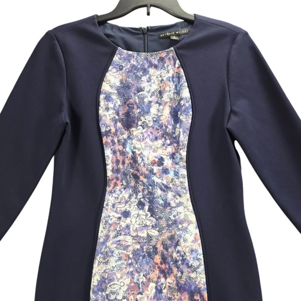 Antonio‎ Melani Navy Blue Floral Lace Print Illusion Sheath Dress 3/4 Sleeve 6